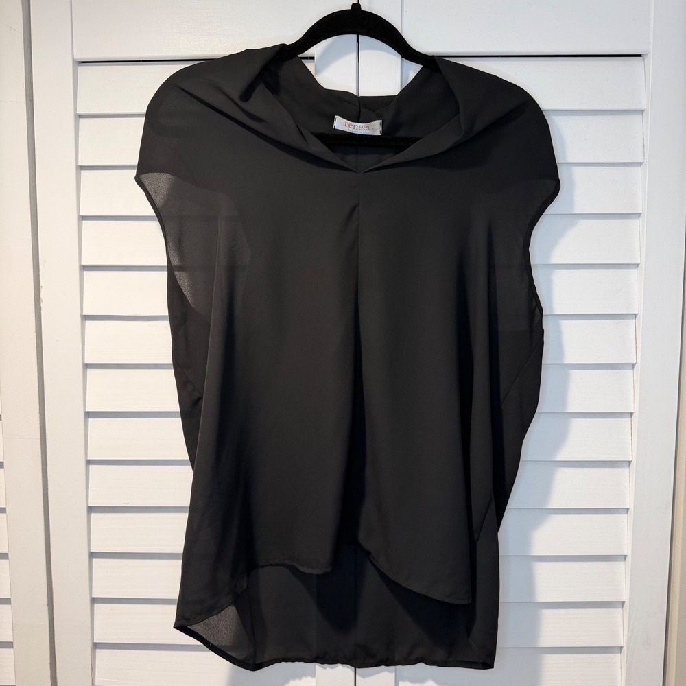 Renee C Black Chiffon Draped V-Neck High Low Blouse XL Made in USA‎ Womens